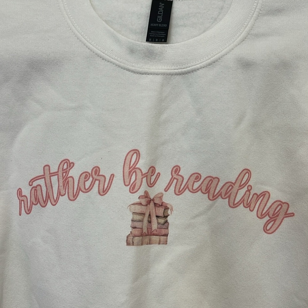 Gildan White Crew Neck Sweatshirt with Pink book Print